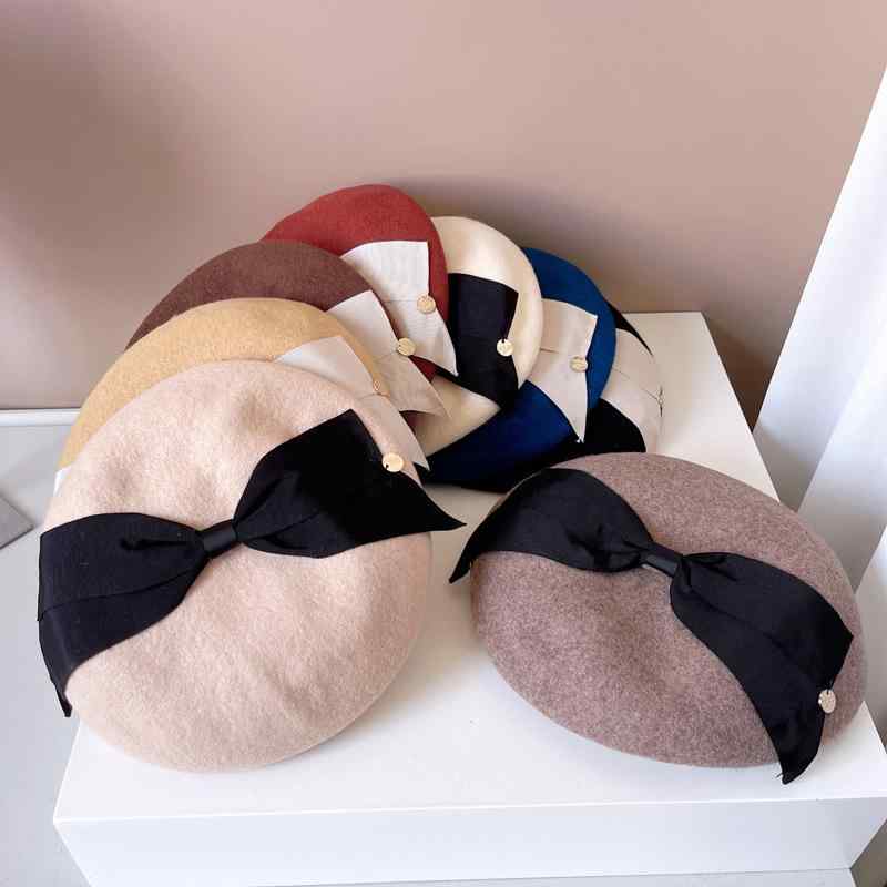ベレー帽 レディース 秋冬 保温 画家帽 オーストラリア産ウール100％ バレー帽子 大きめリボン 空港 スチュワーデス風 帽子 かわいい 上品 きれいめ クラシカル エレガント2