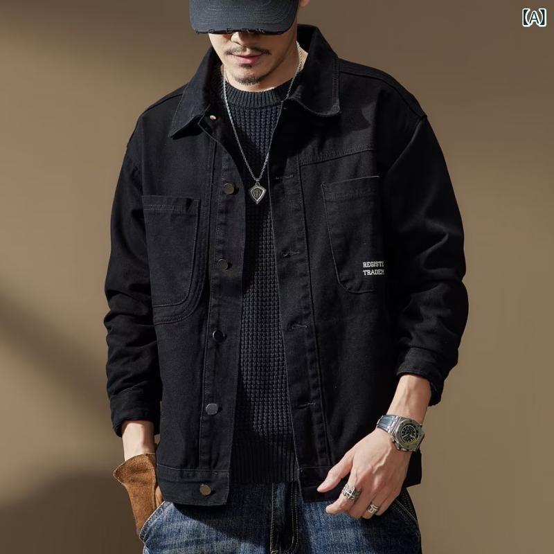 外套 - ジャケット 男性用 秋冬 デニム ワーク アウター ゆったり 普段使い ハンティング 切り替え プリント