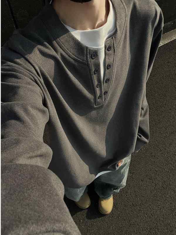 Tシャツ 男性用 秋冬 ヘンリーネック Vネック 長袖 トップス レイヤード風 重ね着風 カットソー インナー...