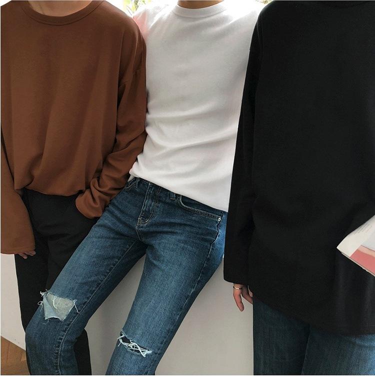 Rakuten - Tシャツ 男性用 春秋 ラウンドネック 長袖 無地 インナー 港風 ゆったり