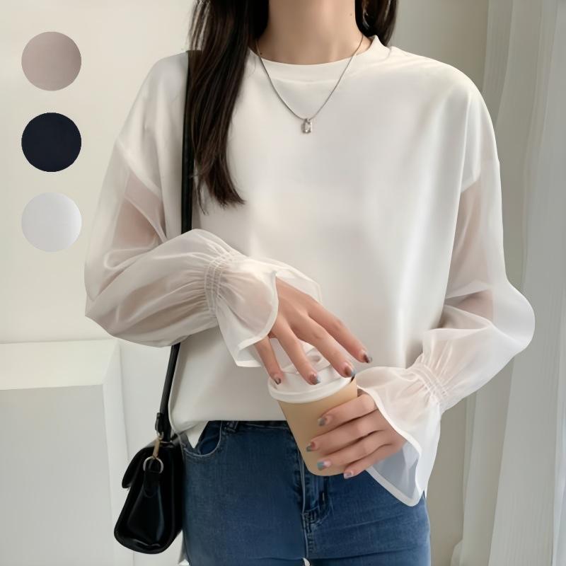 Tシャツ レディース 春夏 日本製風 シンプル カジュアル 微透け感 紗網 喇叭袖 切り替え トップス 3色