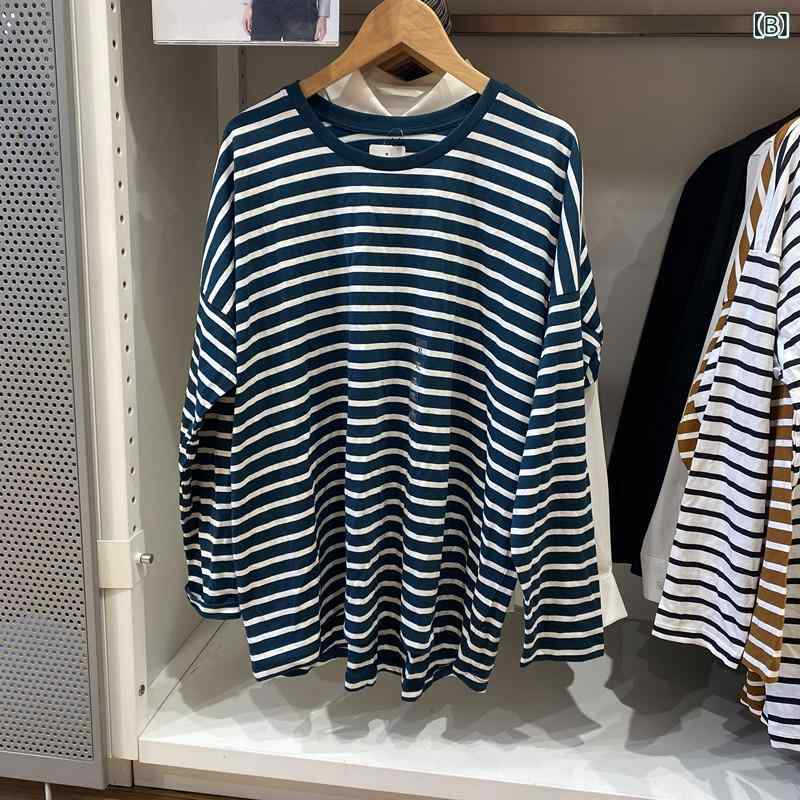 Tシャツ レディース 長袖 コットン ストライプ カジュアル 百搭 ゆったり トップス 普段使い 部屋着 秋冬