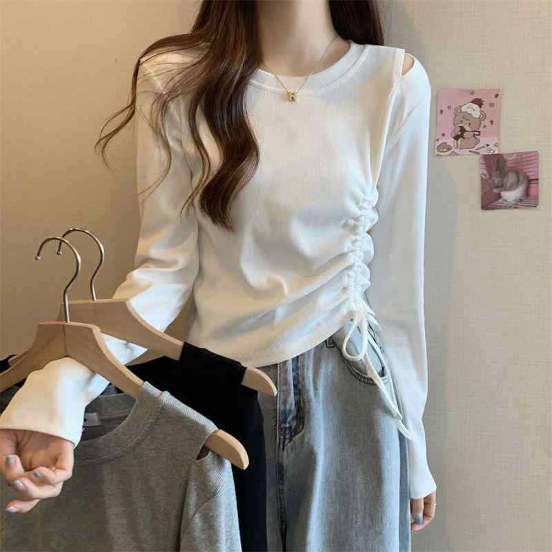 樂天商城 - Tシャツ レディース 春夏 長袖 スリムフィット ドローストリング インナー ショート丈 トップス アシンメトリー