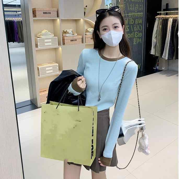 Rakuten - Tシャツ レディース 秋冬 長袖 トップス カットソー 丸首 配色 インナー 重ね着 ストレッチ 伸縮性 カジュアル 普段使い
