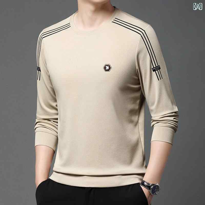 Tシャツ メンズ 男性用 春物 スウェット プルオーバー 長袖 トップス カットソー ゆったり カジュアル 普段使い 部屋着・スタイル: 軽熟カジュアル・柄: ストライプ・版型: 合体型・対象: 中年・タイプ: プルオーバー・ネックライン: ラウンドネック・袖丈: 長袖・厚さ: 普通・素材: ポリエステル繊維（ポリエステル）81-90%・シーン: カジュアル・ディテール: プリント・プリントテーマ: 幾何学模様・加工: ホットスタンプ・色: カーキ, 青, 黒, 赤, 白, グレーグリーン・サイズ: M, L, XL, XXL, 3XL, 4XL・袖のタイプ: レギュラー・重さ: 約180-250g・機能: 防しわ, 耐摩耗, 高弾性, 防汚, 吸湿発散・対象年齢: 成人・カテゴリ: Tシャツ