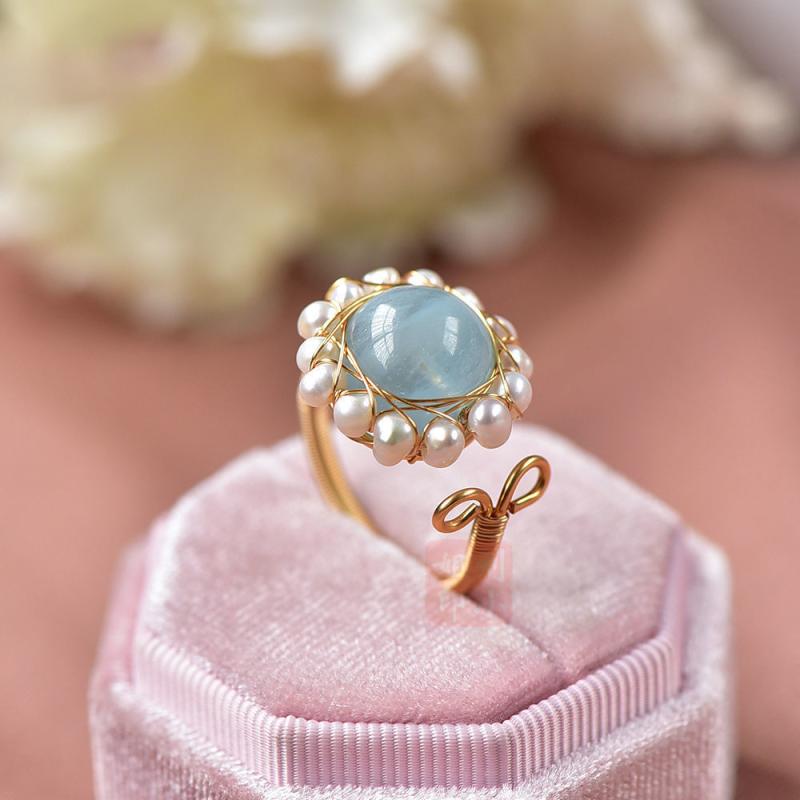 指輪 レディース 天然石 アクアマリン 淡水パール 花柄 14K 包金 ハンドメイド 宮廷風 レトロ エレガント 高級感・種類: リング、指環・素材: 水晶、海藍宝・スタイル: ファッションOL・純度: 純天然・カラー: A158・サイズ: 開口調節可能・流行元素: 金属・製品カテゴリ: 手飾