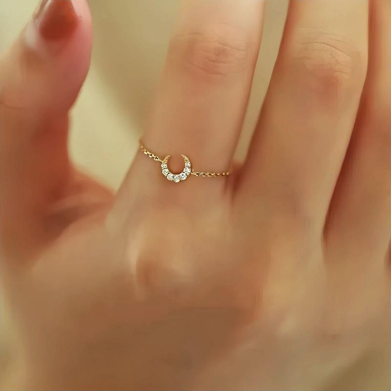 指輪 レディース シルバー925 14金メッキ 月モチーフ チェーンリング 調節可能 フリーサイズ おしゃれ かわいい ファッション アクセサリー