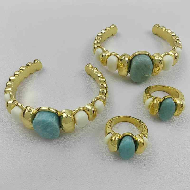 指輪 フランス風 おしゃれ かわいい ブルー ストーン リング 真空 電気メッキ加工 18K 槌目 テクスチャ バングル ブレスレット