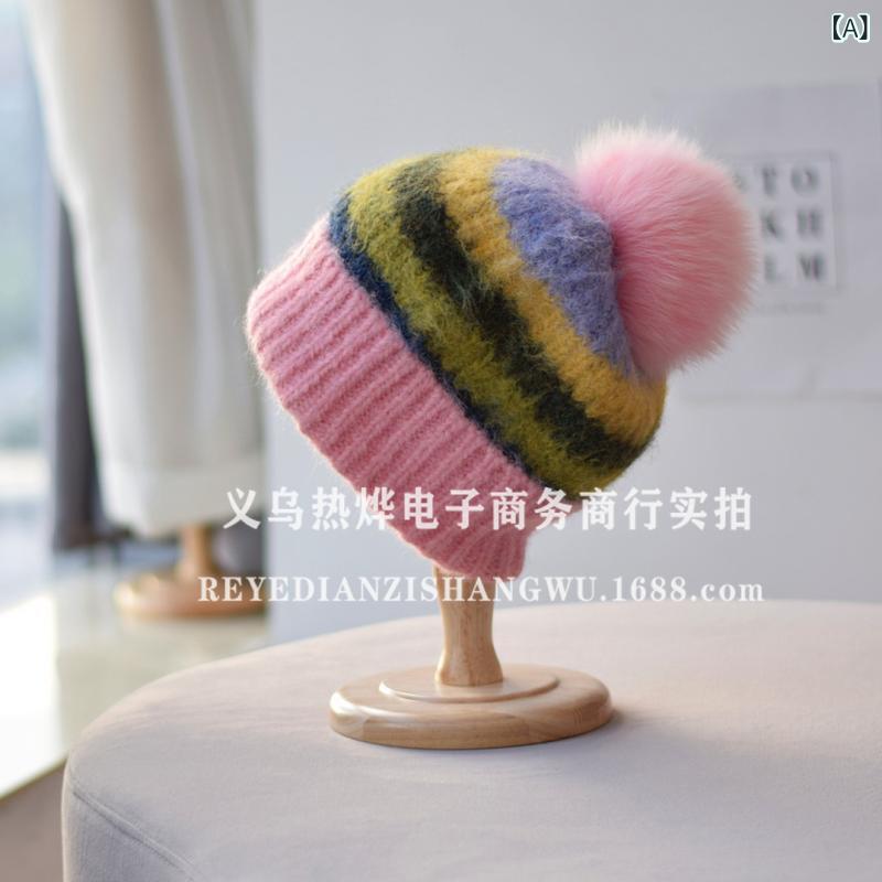 Ten Gallon Hat - ニット帽 レディース 秋冬 防寒 暖かい 帽子 グラデーション 切り替え ニット キャップ 耳あて フォックス ファー ポンポン ふわふわ かわいい2