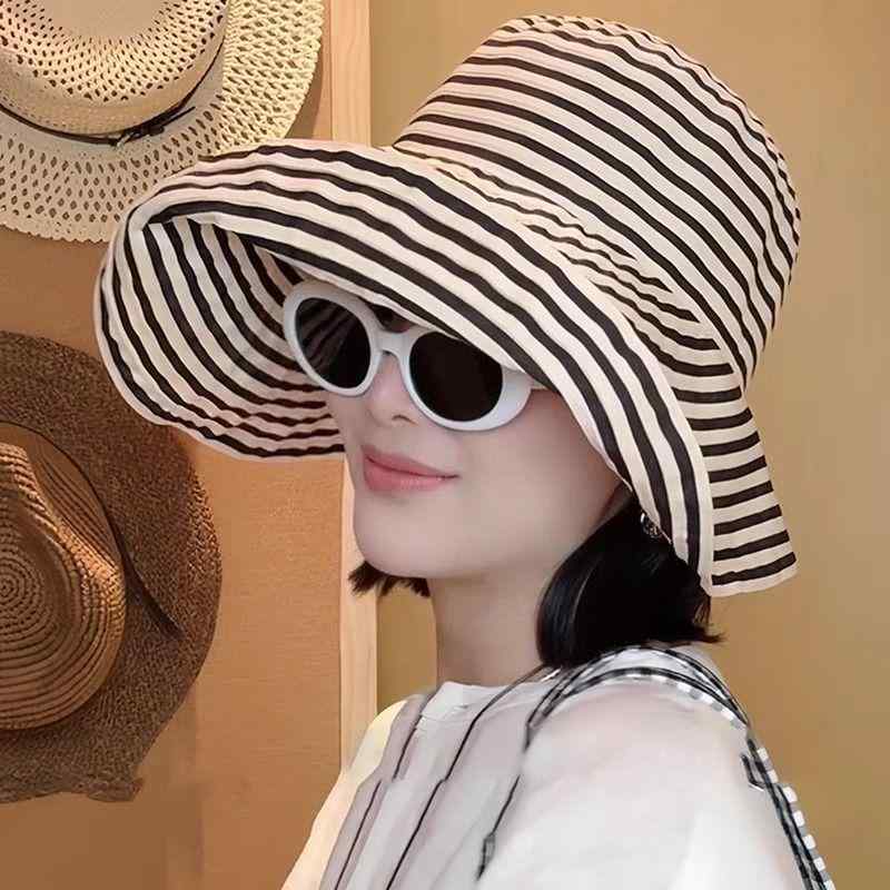 麦わら帽子 レディース 春夏 ストライプ 漁夫帽 折りたたみ式 帽子 日焼け止め 大頭 効果 ファッション バケットハット