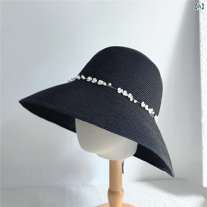 麦わら帽子 レディース バケットハット 漁夫帽 UVカット 紫外線対策 日焼け防止 折りたたみ可能 あご紐付き エレガント リゾート 旅行 ビーチ 草編み 花飾り パール ビーズ 蝶結び