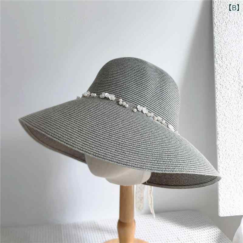 麦わら帽子 レディース バケットハット 漁夫帽 UVカット 紫外線対策 日焼け防止 折りたたみ可能 あご紐付き エレガント リゾート 旅行 ビーチ 草編み 花飾り パール ビーズ 蝶結び