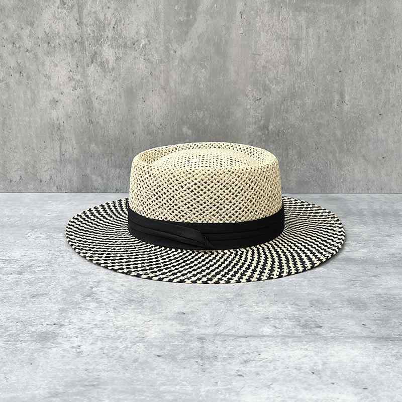 麦わら帽子 レディース 麦わら帽子 女性用 パナマ帽子 草編み帽子 日焼け防止 紫外線対策 海辺 リゾート ブリティッシュ レトロ フラットトップ