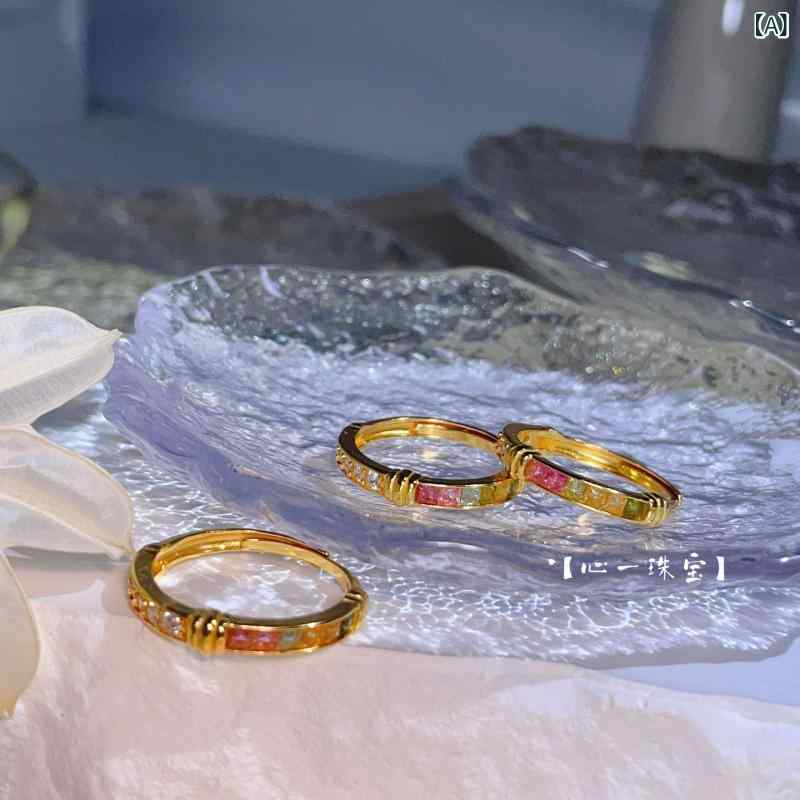 指輪 s925 シルバー 電気メッキ加工 ジルコニア マルチカラーストーン マカロンリング サイズ調整可能 トレンド