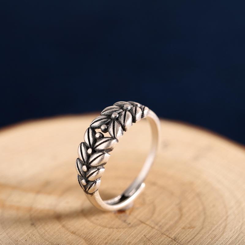 指輪 メンズ レディース シルバー S925 銀製 麦穂柄 オープンリング ファッションリング レトロ 文芸風 男性用 女性用(4.0)