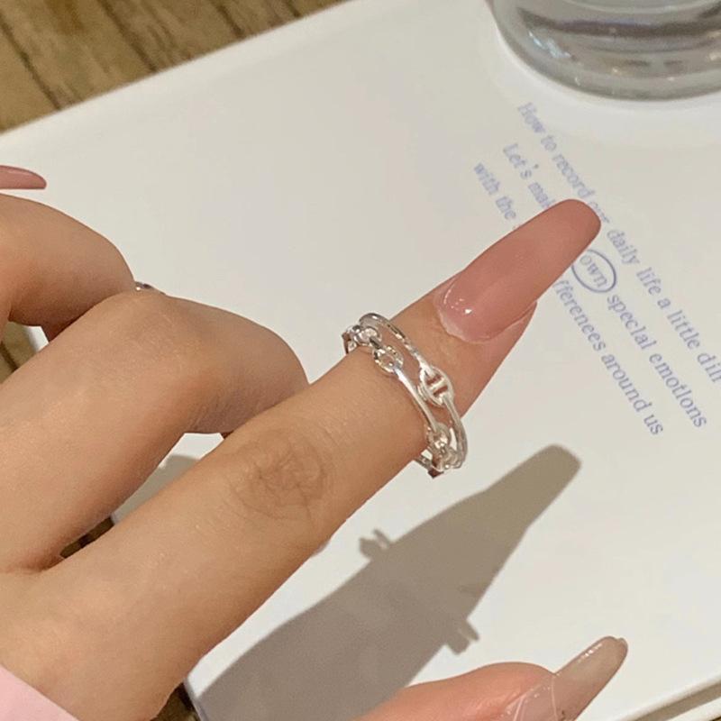 指輪 レディース S925 シルバー 豚鼻 ダブルレイヤーリング 小さめ 高級感 調整可能 シンプル 軽奢 上..