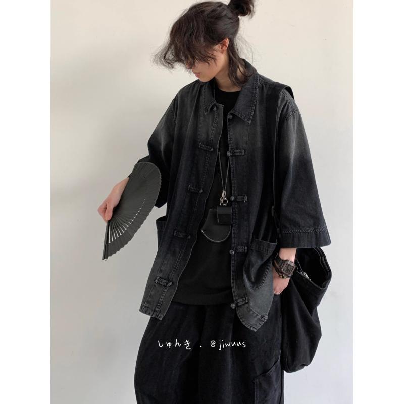 Other - デニムジャケット 男女兼用 ゆったり チャイナ風ボタン ウォッシュ加工 レトロ トップス