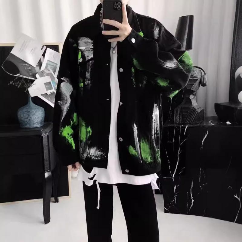 ジャケット 男性用 デニム グラフィック ペイント ダメージ加工 ゆったり カジュアル ストリート 秋 豪華感