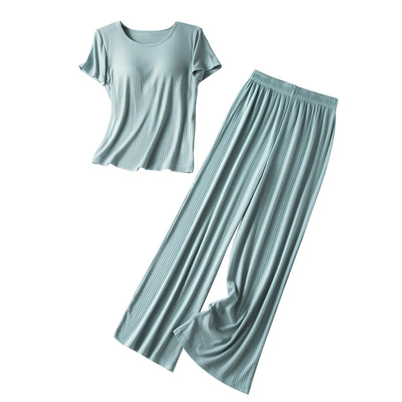 パジャマ レディース ルームウェア 上下セット 半袖 長ズボン モダール ブラカップ付き 薄手 接触冷感 ゆったり 春夏 部屋着 寝巻き2