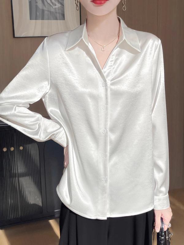 シャツ レディース シルク サテン ブラウス 長袖 オフィス カジュアル トップス 襟付き 前開き 接触冷感 UVカット 紫外線対策 光沢感