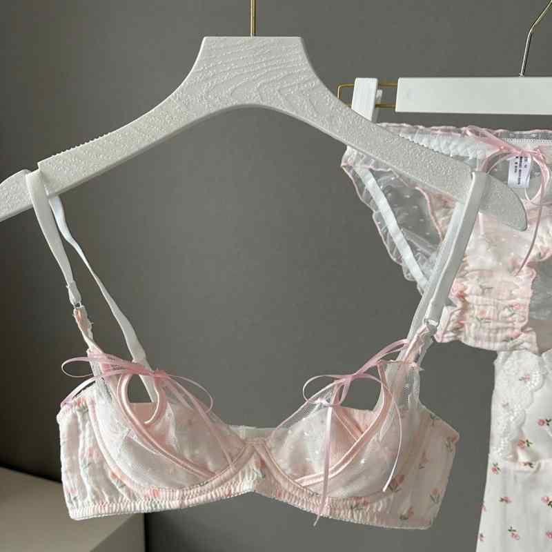 下着 レディース 小胸 ブラジャー & ショーツ セット 寄せ上げ 薄手 パッド かわいい 花柄 谷間 垂れ防止 副乳 接触冷感