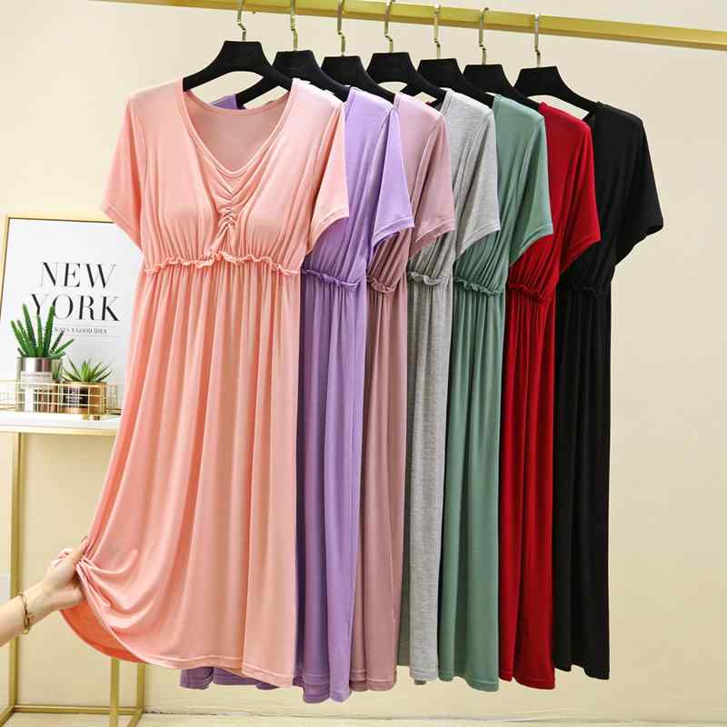 Nightgowns - ワンピース レディース 春夏 モダール 接触冷感 半袖 ひざ丈 プリーツ 薄手 部屋着 ルームウェア