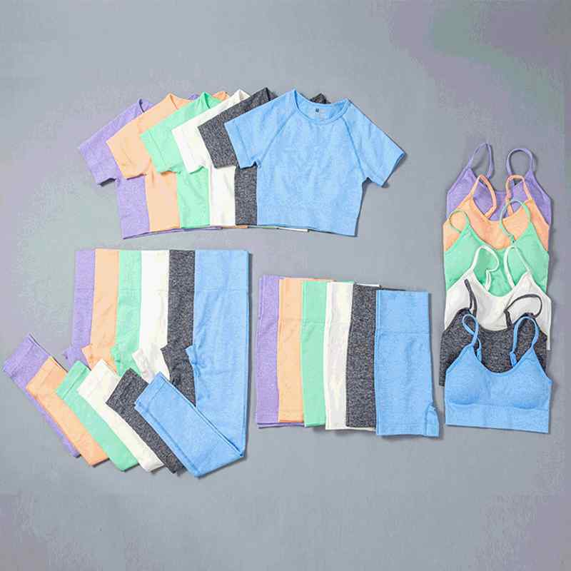 ヨガ レディース 上下セット シームレス ニット ウェア 4点 セットアップ ノンワイヤー ブラ 伸縮性 スポーツ 接触冷感 レギンス トレーニング ウェア 速乾性 通気性 運動着 フィットネス ウェア 美脚 ヒップアップ2