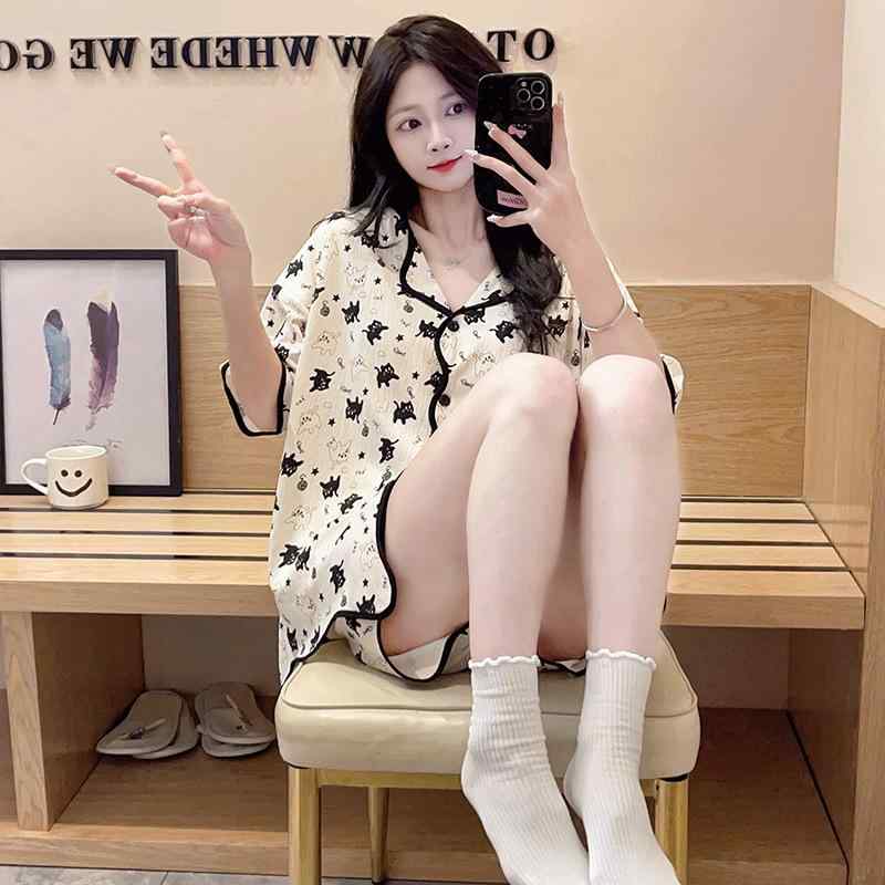 パジャマ レディース 春夏 半袖 短パン 猫柄 かわいい 前開き 上下セット 接触冷感 ルームウェア 部屋着