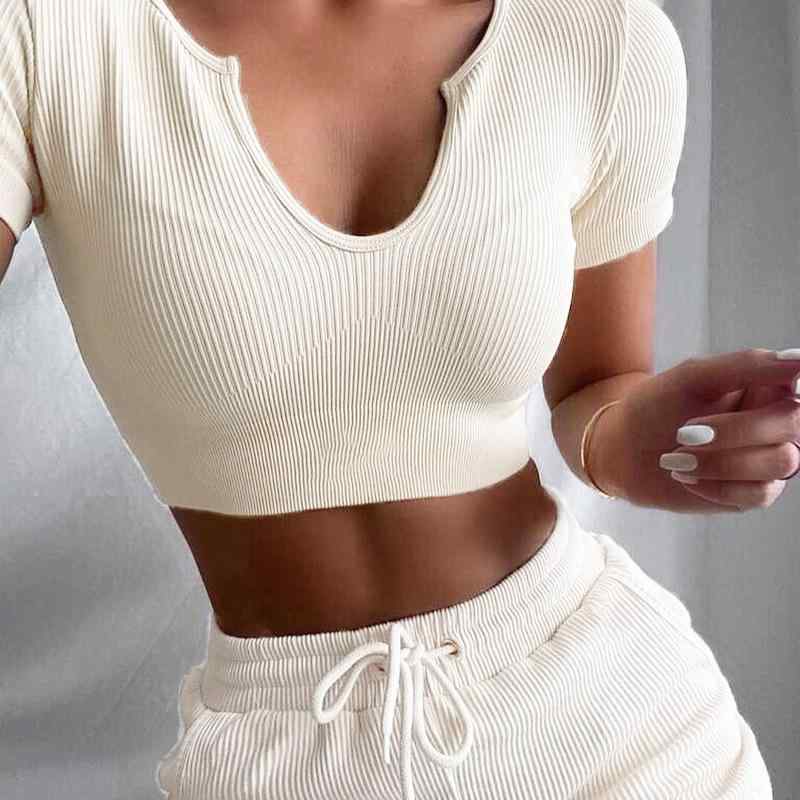 Tシャツ レディース ヨガウェア 接触冷感 トレーニング トップス Uネック 無縫製 ショート丈 スポーツウェア ストレッチ 吸湿速乾 伸縮性 ニット2