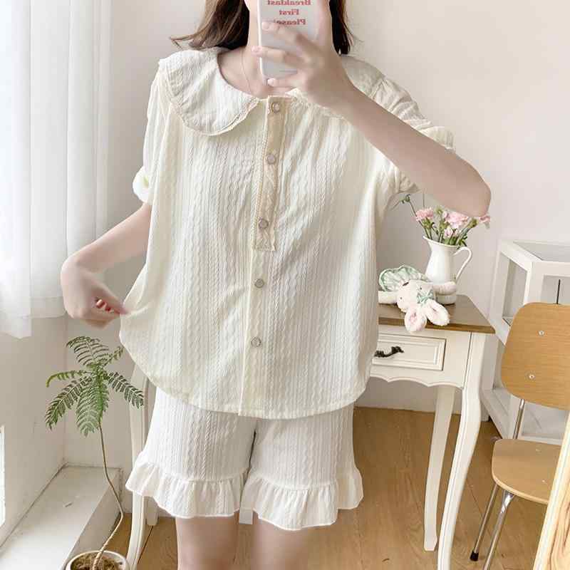 パジャマ レディース 春夏 半袖 短パン 薄手 綿100% 胸パッド付き プリンセス かわいい 部屋着 寝巻き 上下セット 杏色