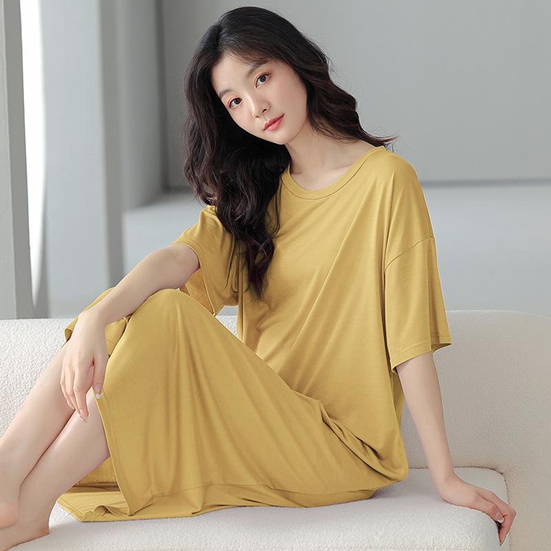 ワンピース レディース 胸パッド付き 膝丈 薄手 ルームウェア 部屋着 ネグリジェ モダール かわいい 春夏