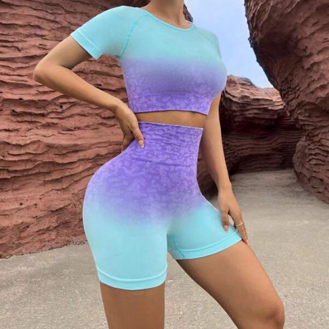 2ヨガウェア レディース 半袖 短パン 上下セット スポーツ 運動 ジム トレーニング ヒップアップ シームレス