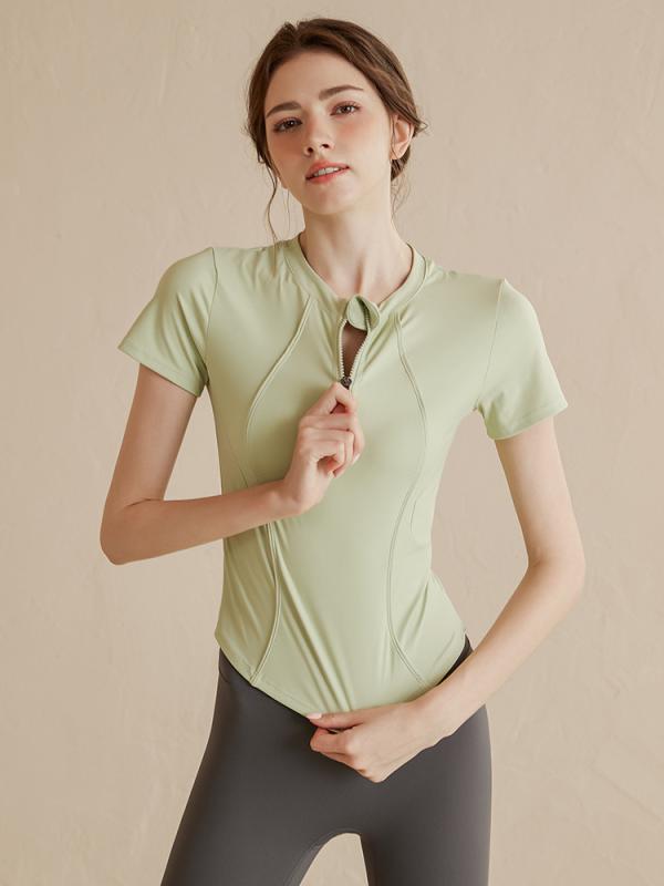 ヨガウェア レディース 半袖 スポーツトップス 高級感 ハーZip ランニング トレーニング 接触冷感 伸縮性 吸湿速乾