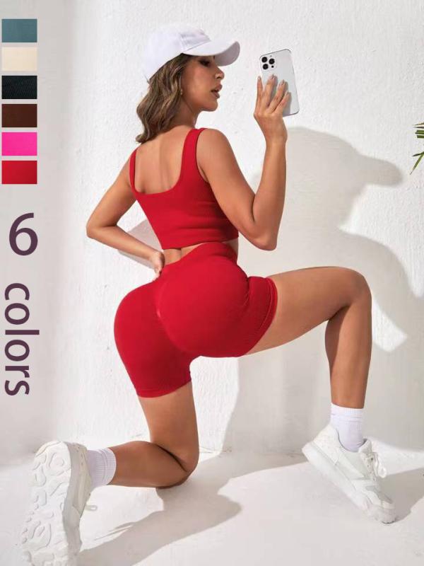 ヨガウェア レディース 上下セット シームレス リブニット スポーツブラ ハイウエスト ショートパンツ スタイルアップ トレーニングウェア ジム フィットネス かわいい2