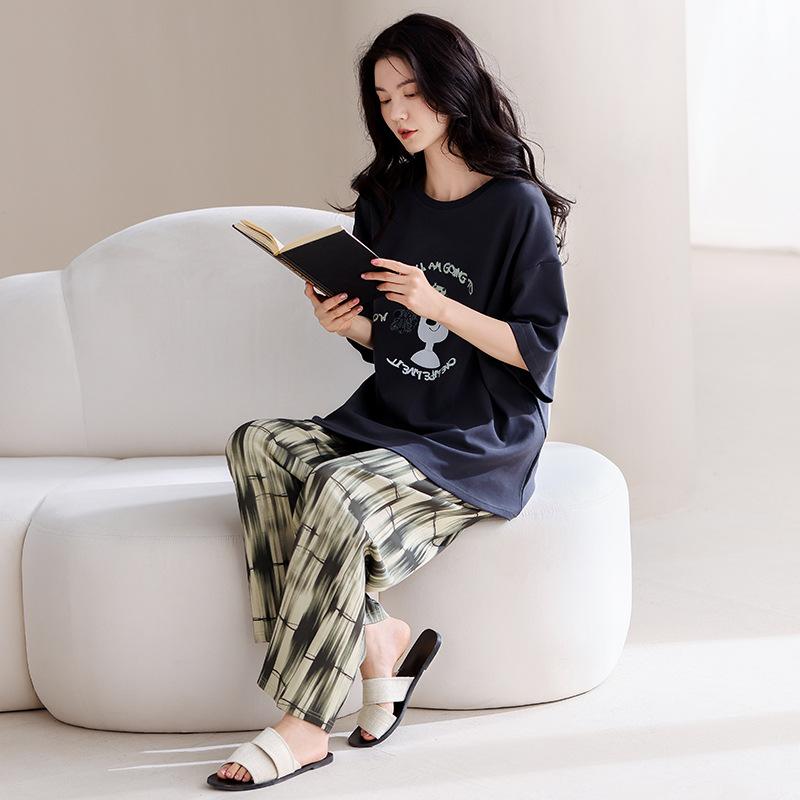 パジャマ レディース 春夏 半袖 長ズボン 綿100％ 薄手 上下セット 接触冷感 部屋着 ルームウェア かわいい ナイトウェア