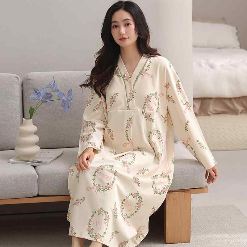 ワンピース レディース マタニティ パジャマ 純綿 長袖 Vネック 胸パッド付き 大きいサイズ ゆったり ..