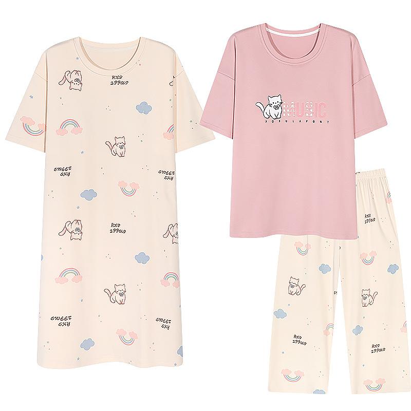 パジャマ レディース 春夏 綿 半袖 7分丈パンツ 薄手 部屋着 ルームウェア 3点セット ブラパッド付き かわいい 接触冷感 吸湿速乾