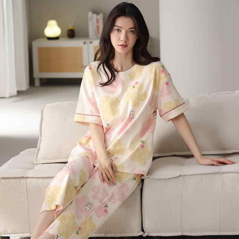 パジャマ レディース 春夏 綿 半袖 7分丈パンツ 上下セット ルームウェア 部屋着 かわいい ナイトウェア 接触冷感