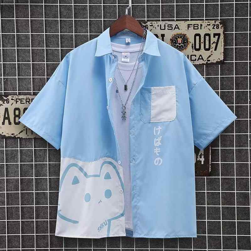 シャツ メンズ 半袖 かわいい 猫柄 韓国 ストリートスタイル おしゃれ 大学生 トップス 春夏