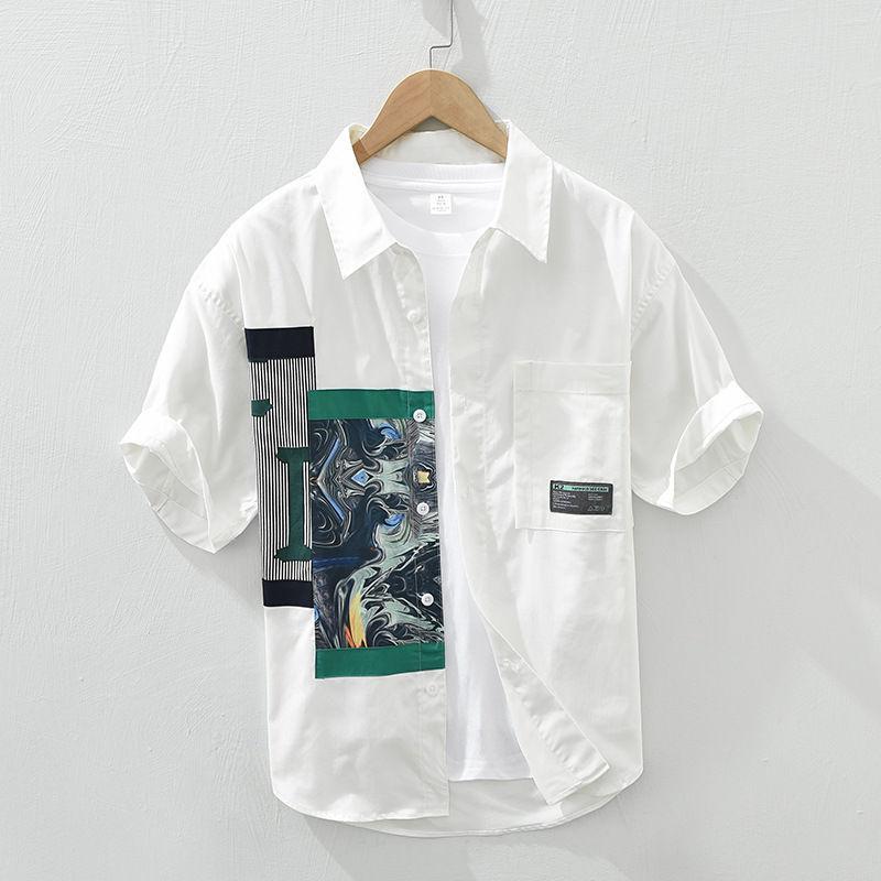 シャツ 男性用 レトロ 切り替え 配色 プリント 半袖シャツ 夏 ゆったり 普段使い カジュアル デザイン