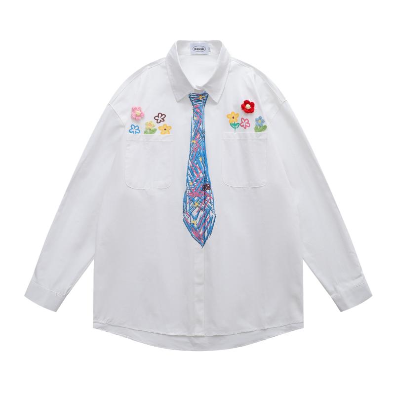 シャツ メンズ 男性用 長袖 美式 レトロ 秋 百搭 宽松 休闲 衬衫 アウター 手绘 落書き