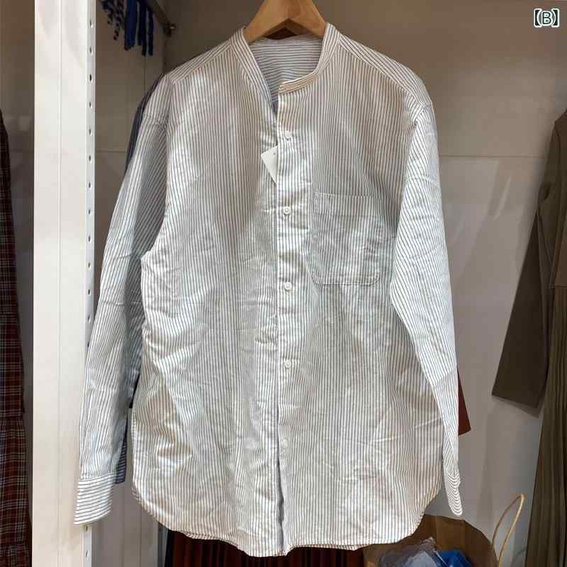 シャツ メンズ レディース 綿麻 ストライプ スタンドカラー 長袖 薄手 アウター 男性用 女性用 トップス