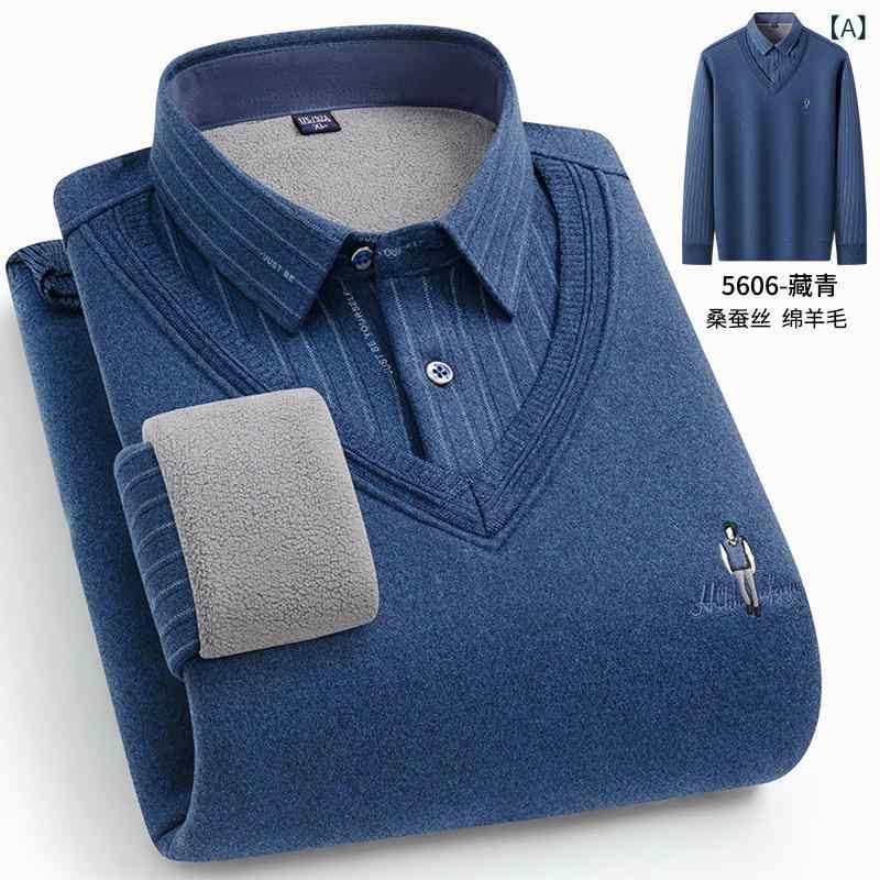 Other - ニット メンズ 男性用 秋冬 裏起毛 暖かい セーター 厚手 フェイクレイヤード シャツ ミドルエイジ 普段使い トップス