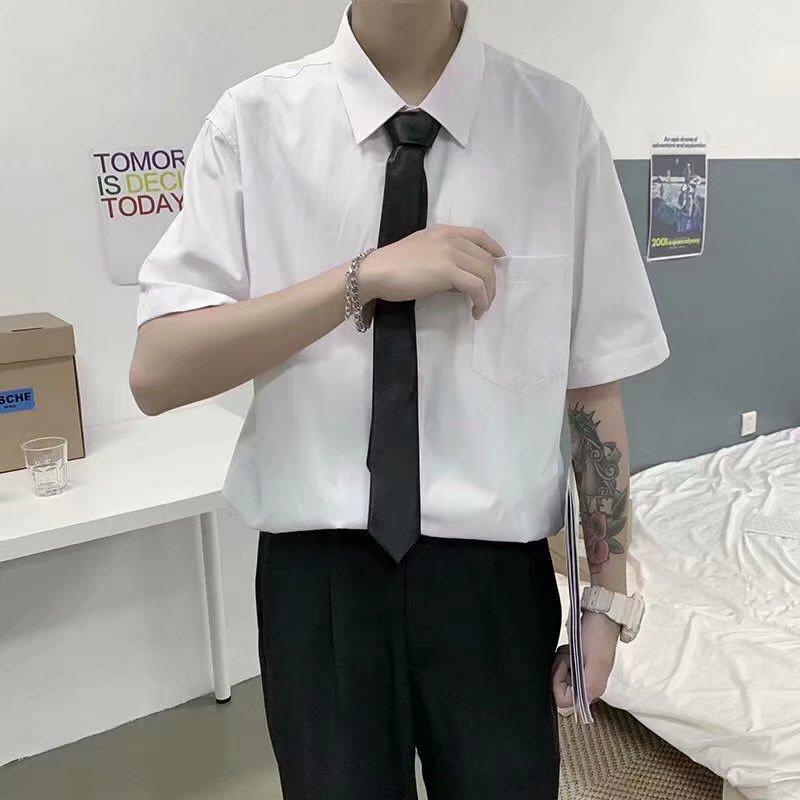 Short Sleeves （Shape Holding） - シャツ 男性用 半袖 春夏 ゆったり 無地 五分袖 学生 制服 ホワイト 白