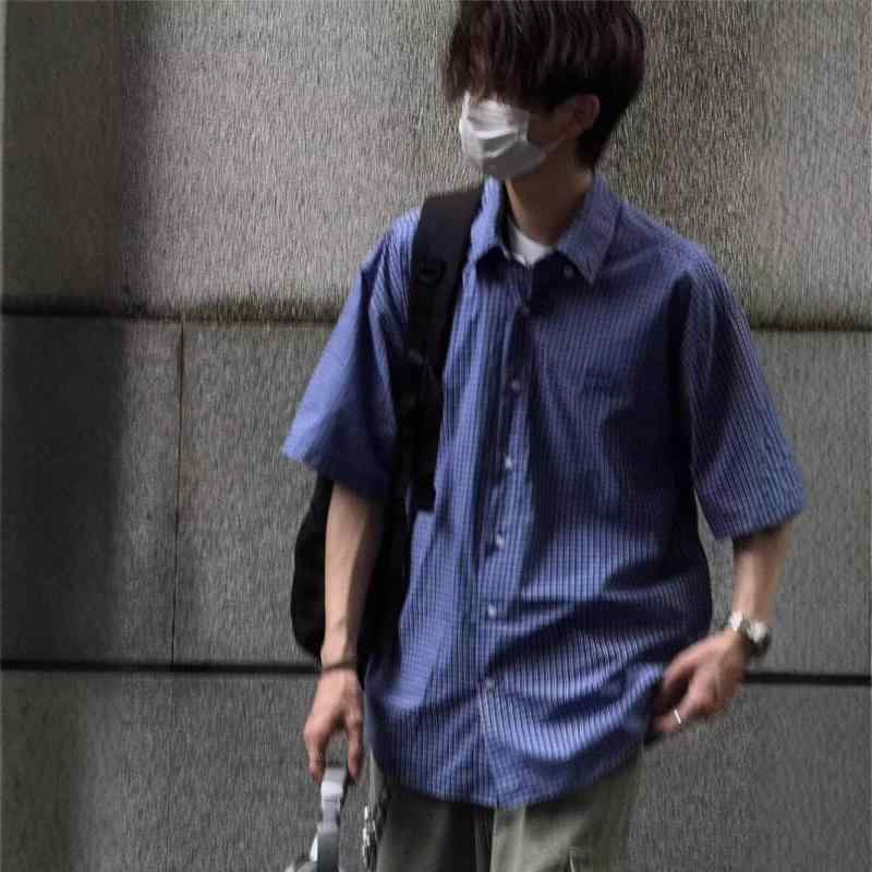 シャツ メンズ 男性用 春秋 ゆったり カジュアル アメカジ レトロ ブルー チェック柄 刺繍 半袖 シャツ トップス