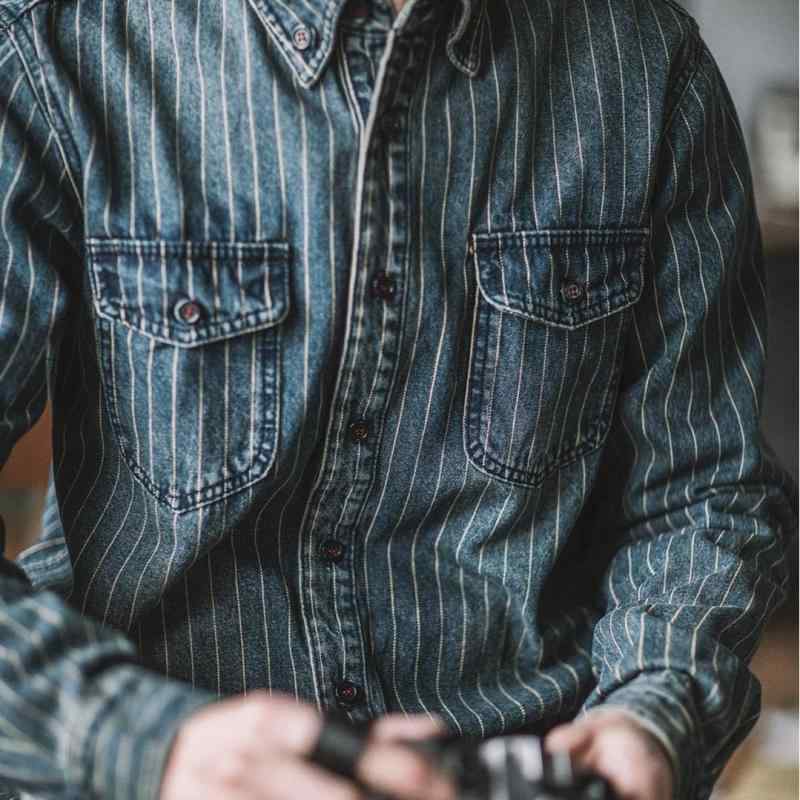 シャツ 男性用 デニムシャツ ワークシャツ 長袖シャツ ウォッシュ加工 アメカジ レトロ ストライプ