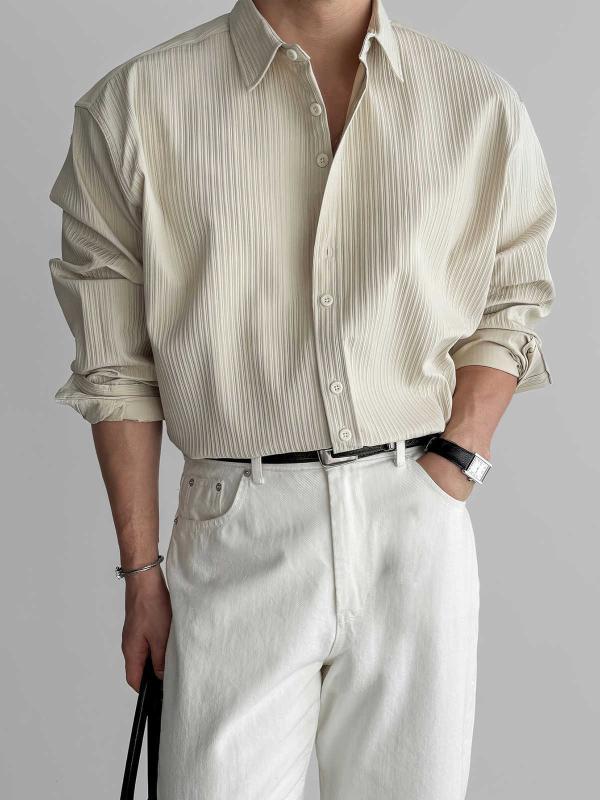 シャツ メンズ 長袖 カジュアル ビジネス 坑条紋理 無地 豪華感 垂れ感 ストレッチ 軽量 普段使い テレワーク