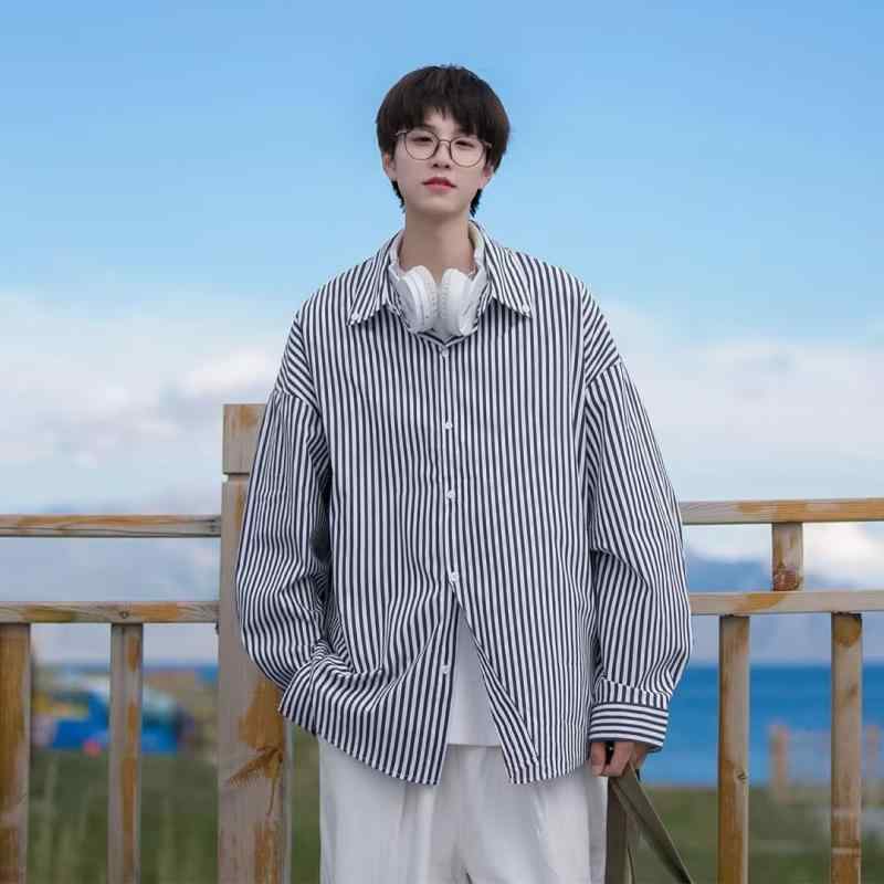シャツ メンズ 長袖 春物 ストライプ柄 トップス 日系 潮流 স্ট্যান্ডার্ডカラー 简约 慵懒 上品