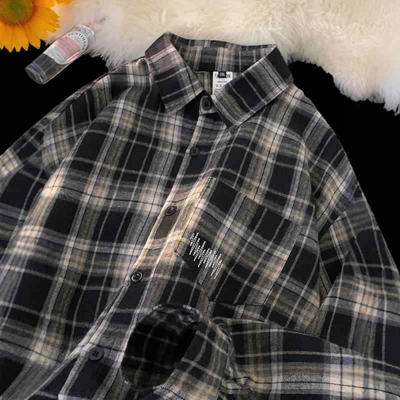 Short Sleeves （Shape Holding） - シャツ 男性用 春物 長袖 トップス レトロ 格子柄 高見え ストリート カジュアル スタイル ペアルック 普段使い