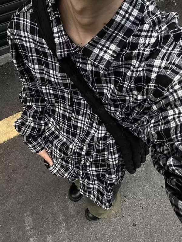 Other - シャツ 男性用 春秋 長袖 レトロ モノクロ チェック柄 港スタイル ゆったり カジュアル トップス 男女兼用 羽織り